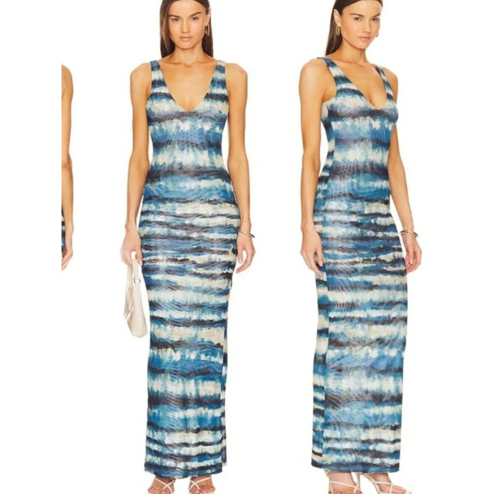 Ronny KOBO Rozio Maxi Dress Blue Tye Dye Mesh Slip sundress Summer Party bodycon